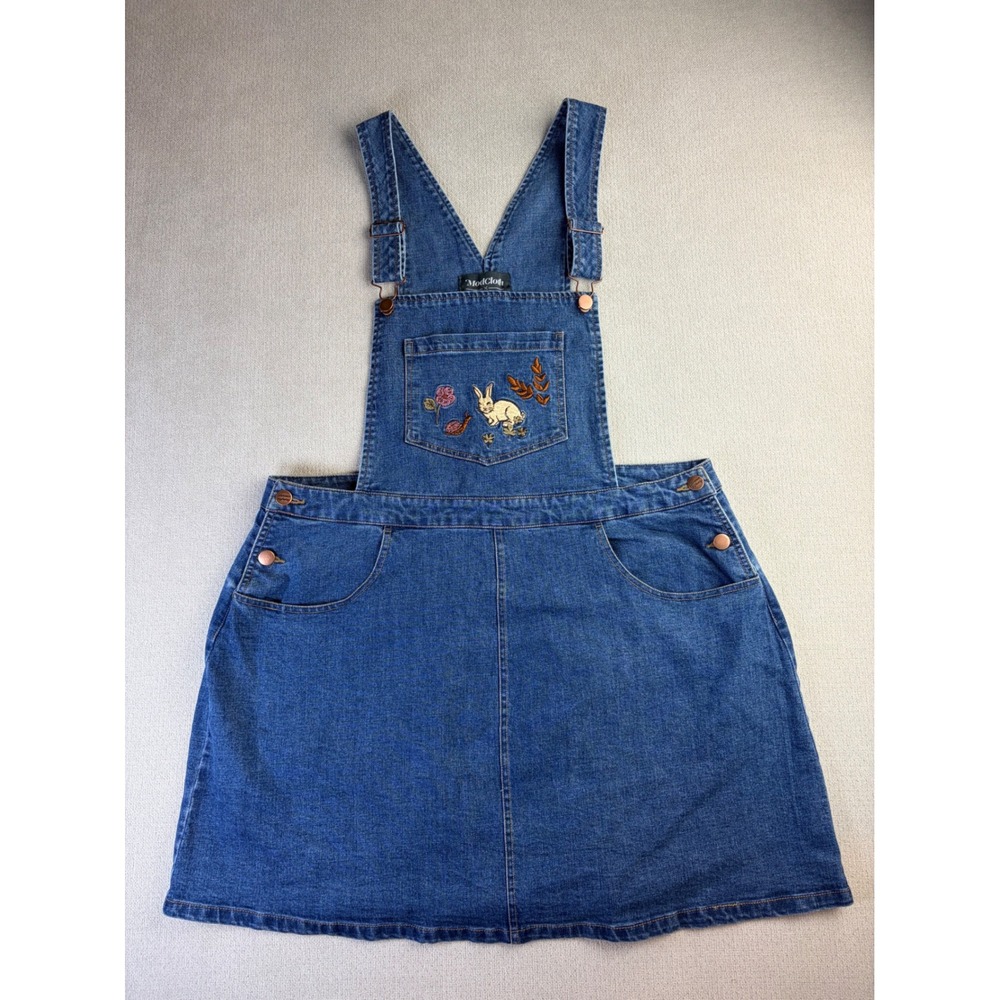 ModCloth Princess Highway Blue Denim Rabbit Embroidered Pinafore Dress Skirt 18